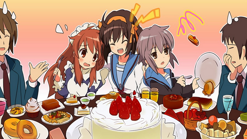adult, cake, snack, drink, The Melancholy of Haruhi Suzumiya, sweet, party - social event, event, Koizumi Itsuki, food, eating, baked, dessert, meal, table