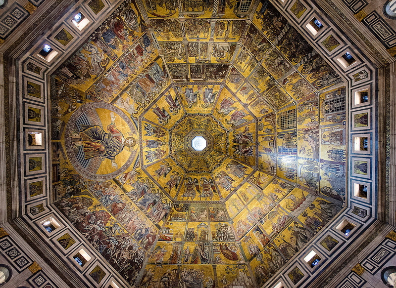 building exterior, the baptistery, mural, creativity, low angle view, stained, ceiling, glass, building, dome, built structure, cupola, directly below