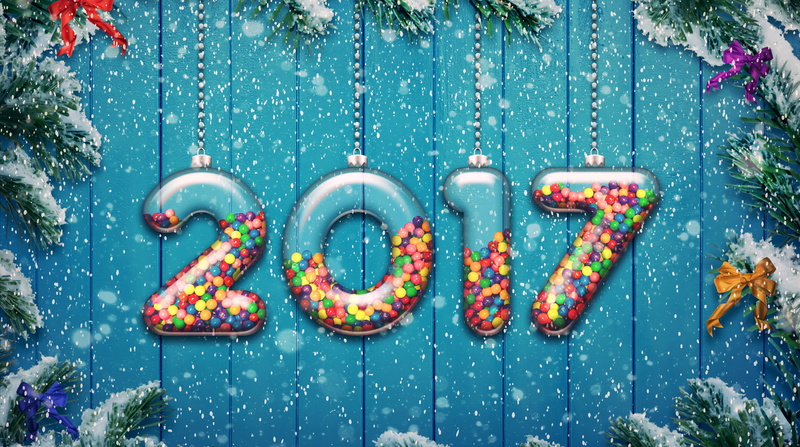 happy, firtrees, gumball, text, 8K, hd, decoration, celebration, 2017, Holidays, new, no people, hanging, blue, year, day, Background, filled