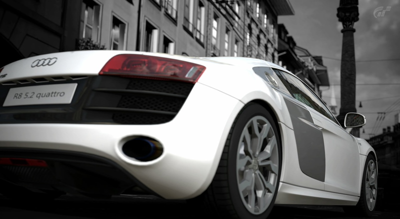 black and white, focus on foreground, audi r8, car, audi r8 5.2 quattro, selective focus, gran turismo 5, city, mode of transportation, 1080P, no people