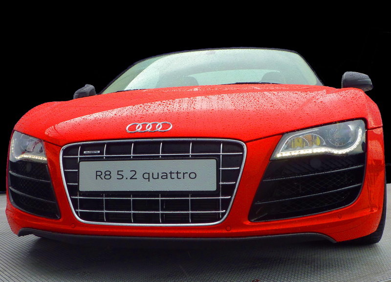 automobile, vehicle, close-up, droplets, sports car, bumper, emblem, technology, audi r8 quattro, car interior, car, red, mode of transportation, number