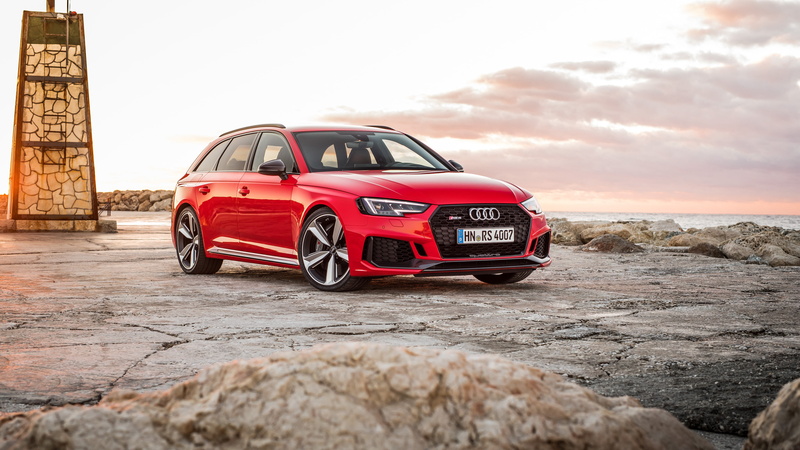 nature, solid, no people, rock, outdoors, protection, safety, land vehicle, sky, cloud - sky, motor vehicle, red, 2018, mode of transportation, Audi RS 4 Avant