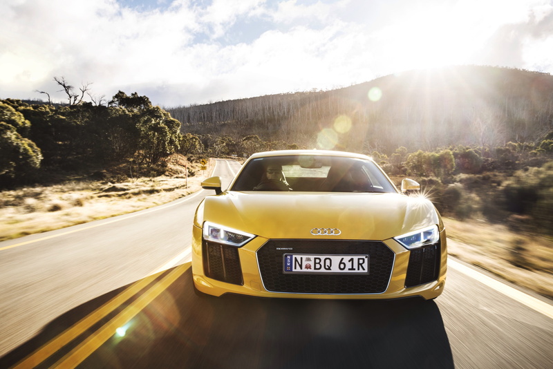 r8, outdoors, day, v10, landscape, road Trip, 4K, taxi, land Vehicle, motor Vehicle, lens flare, modern, yellow, road, nature, sky, street, transportation