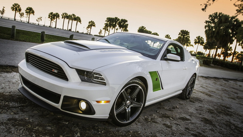 white, coupe, Mustang, green stripes, wheels, 1080P, Ford, Muscle Car, roush, car oil, rs, rs3