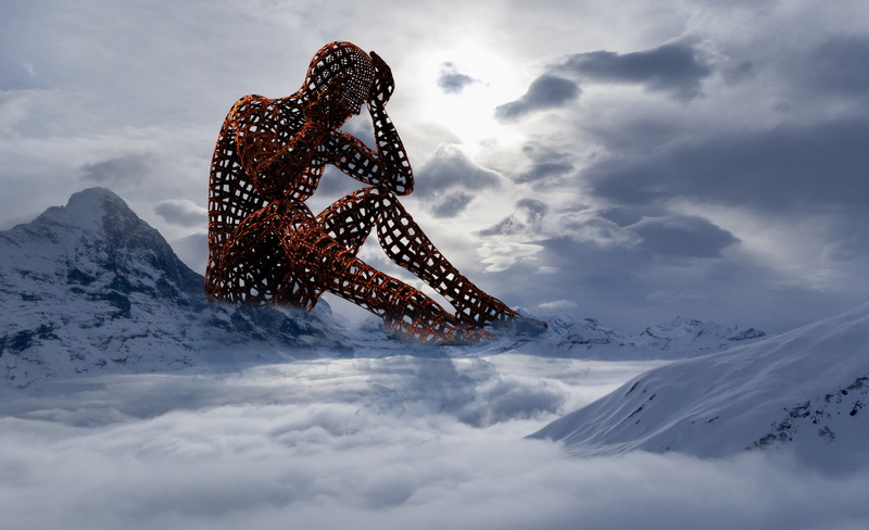 snowcapped mountain, extreme sports, fantasy, lifestyles, 5K, travel, beauty in nature, outdoors, statue, nature, adventure, sky, lonely, white, isolation