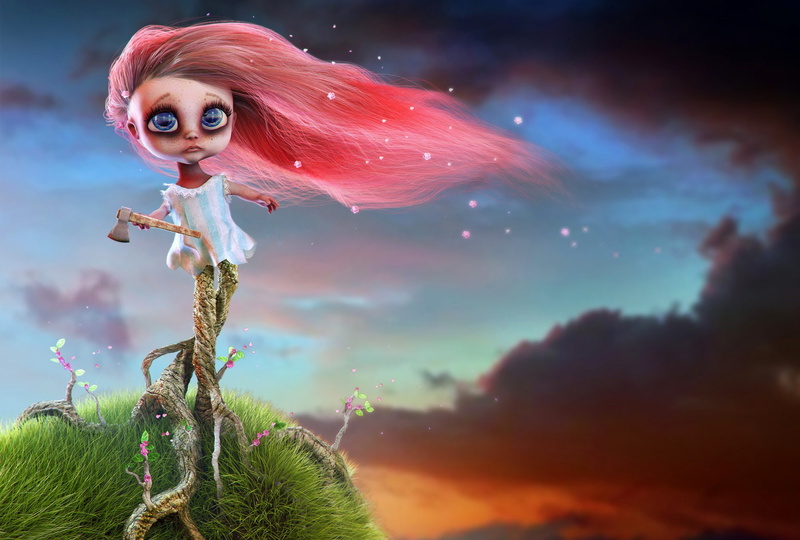 axe, art, graphics, the atmosphere, grass, 1080P, Girl, red, character, the sky, roots, hair