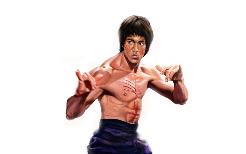 2K, studio shot, human arm, waist up, looking at camera, copy space, young adult, one person, three quarter length, white background, gesturing, bruce lee