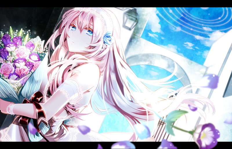long, blue, luka, flowers, megurine, hair, vocaloid, eyes, pink, 720P, petals, mmm suke