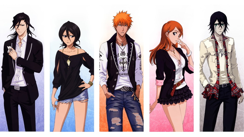 studio shot, anime, young adult, Bleach, multiple image, front view, adult, human representation, young women, hairstyle, 1080P, three quarter length