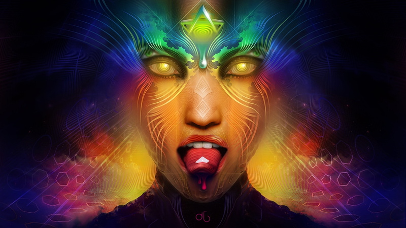 people, headshot, cyberspace, red, anime lsd women psychedelic abstract colorful tongues, demon - fictional character, digital composite, multi colored
