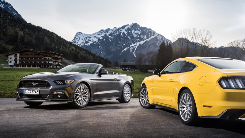 outdoors, mountain range, no people, Convertible, snow, motor vehicle, 1080P, yellow, mountain peak, day, Ford Mustang, winter, nature, taxi, snowcapped mountain