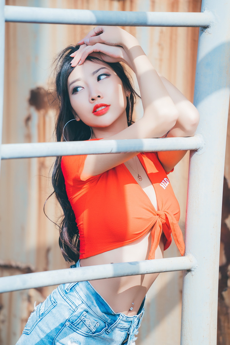 women, tied top, vertical, jean shorts, cleavage, parted lips, outdoors, Asian, women outdoors, 4K, short shorts, portrait display, red lipstick, red tops
