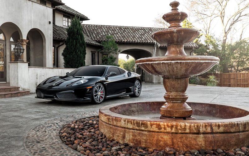 mansions, car, 1080P, built structure, black cars, water, plant, trees, Ferrari F430, electric lamp, stones, wheel, building exterior, black, architecture