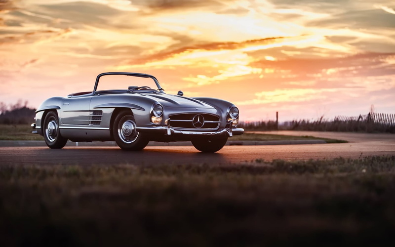 orange color, cloud - sky, outdoors, convertible, selective focus, land, 1080P, retro styled, car, transportation, field, nature, sunset, road, vintage