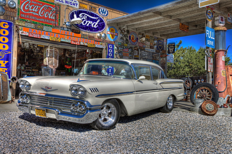 retro, gas station, service, gray, 1958, Chevy, classic, dressing, car, 1080P, Chevrolet, coupe