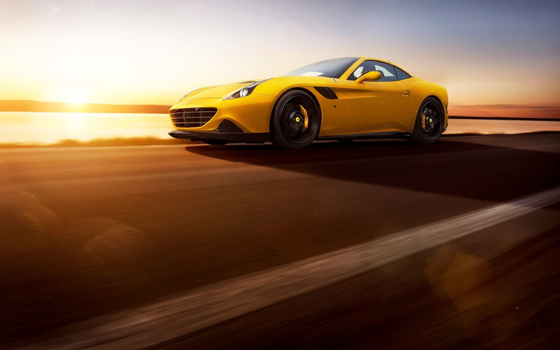 wheel, blurred motion, road trip, sunset, Ferrari California T, outdoors, Novitec Rosso, road, yellow, car, sunlight, 2K, land vehicle, transportation