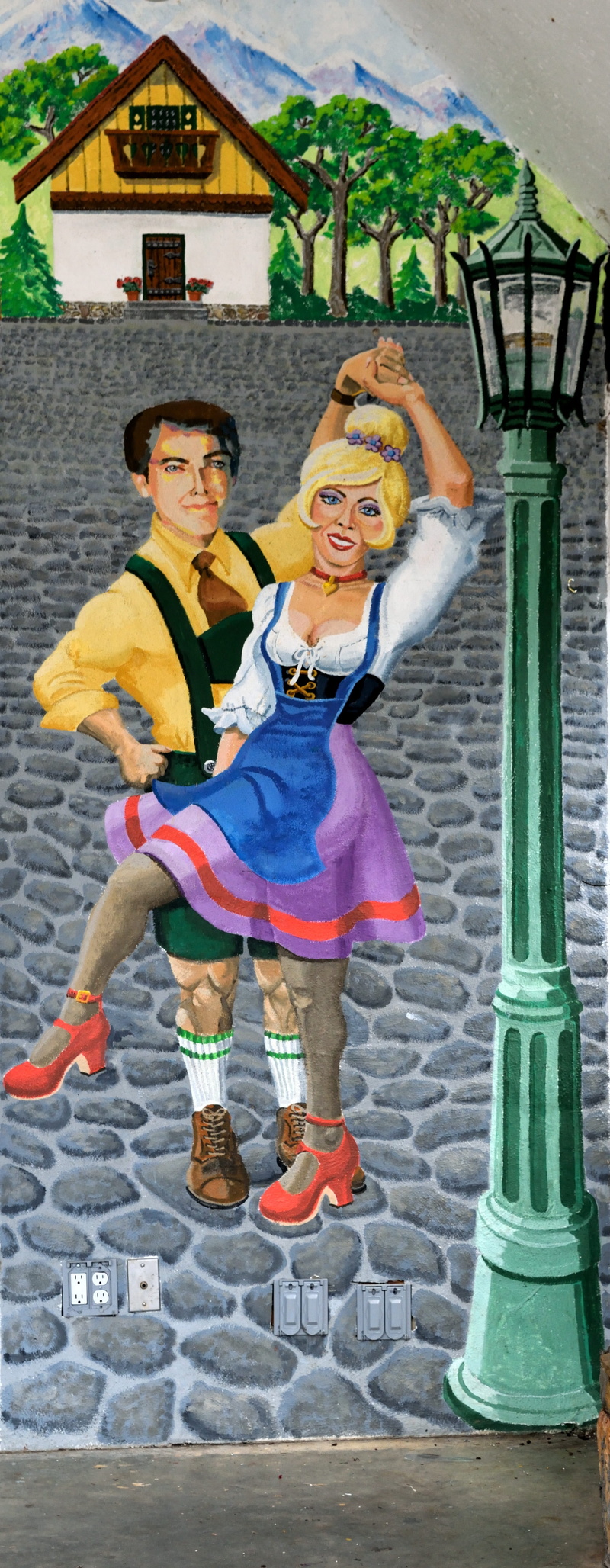architecture, happiness, males, enjoyment, real people, alpine dancers, people, front view, looking at camera, happy, representation, females, painting