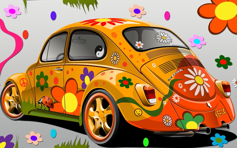 design, outdoors, shape, glamour, land vehicle, representation, 2K, close-up, multi colored, creativity, car, western script, no people, VW 1303, floral pattern