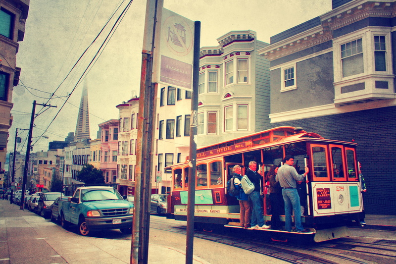people, built structure, building exterior, adult, united states, cable car, architecture, mode of transportation, day, men, vintage, san francisco, land vehicle