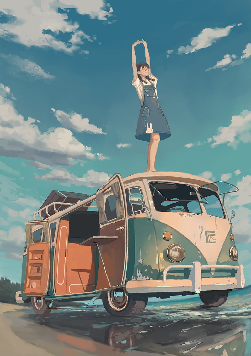 VW Kombi, sky, 720P, original characters, glasses, dark hair, anime girls, anime