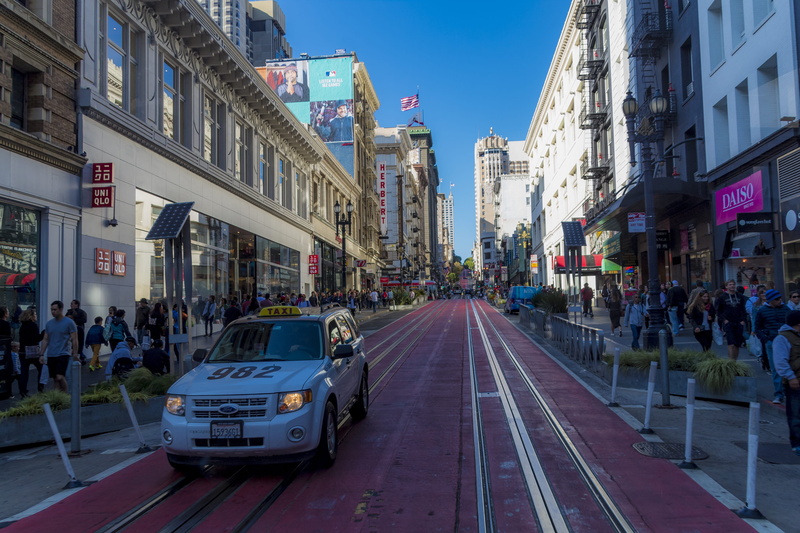 architecture, outdoors, city street, crowd, public transportation, san francisco, car, united states, cable car, land vehicle, motor vehicle, sky, building exterior