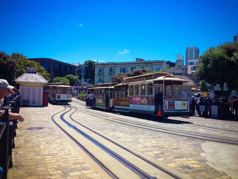 railroad track, tourist, cable car, building exterior, united states, trolley, san fran, city, transportation, railroad station platform, transport, railroad station
