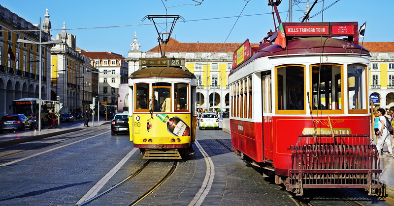 architecture, outdoors, 4K, building exterior, transportation, train - vehicle, lisbon, rail transportation, tram, train, track, railroad track, land vehicle