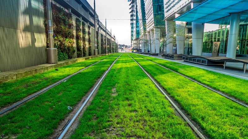 building exterior, track, sunrise, railroad track, day, grass, tramway, direction, city, urban, 2K, beautiful, tram, office building exterior, sky, green