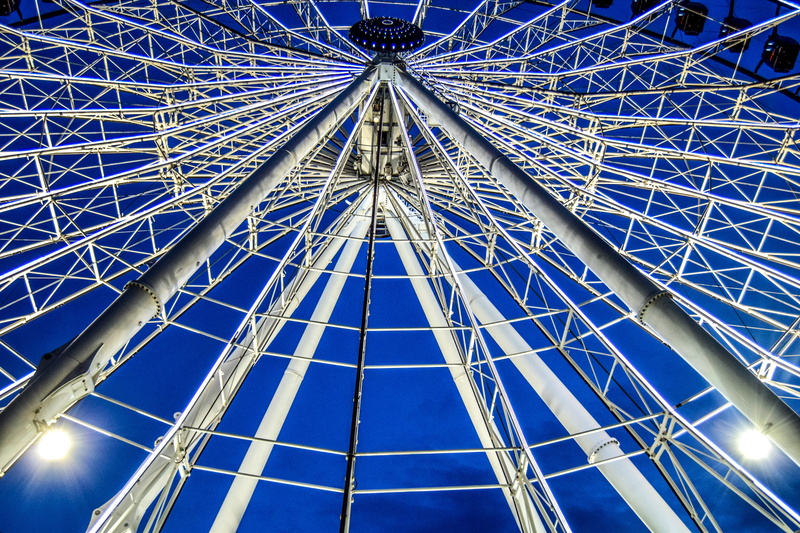 nature, lights, ferris wheel, circle, puebla, carnival, mexico, backlash, directly below, wheel of fortune, architecture, city, metal, rides, clear sky