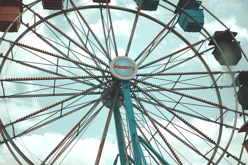 metal, greenish pallette, spoke, carnival, nature, built structure, amusement park, day, sky, houston, low angle view, wheel, arts culture and entertainment