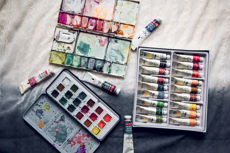 assorted, multi colored, large group of objects, tubes, watercolour, lot, medicine chest, indoors, colours, india, art, high angle view, white, stationery