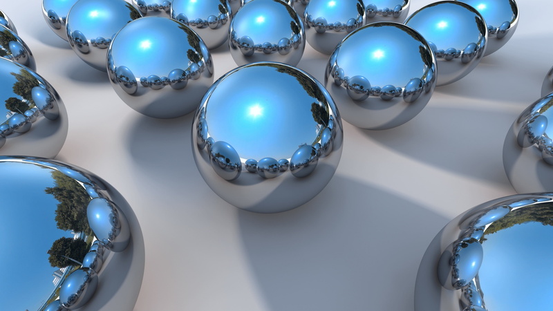 balls, 4K, 3d, chrome ball, reflection, sphere, chrome, blue