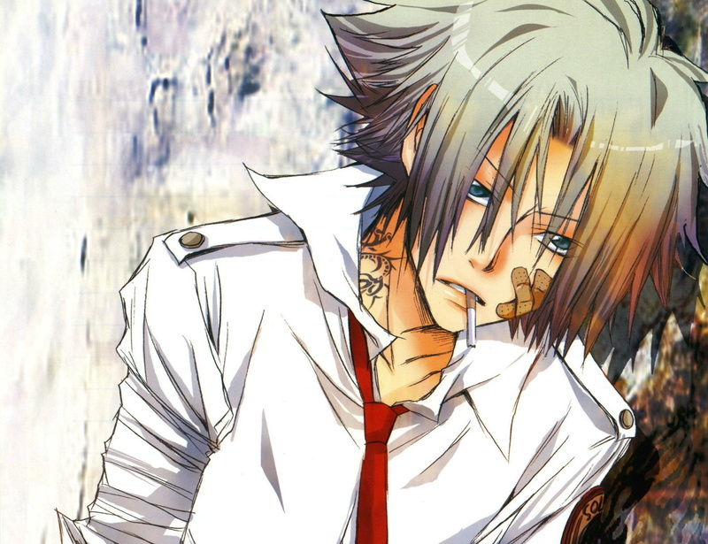 white shirt, Teacher mafia Reborn!, Akira Amano, look, tattoo, guy, art, 1080P, shaggy, Katekyo Hitman REBORN!, Gokudera Hayato, patches, cigarette, tie
