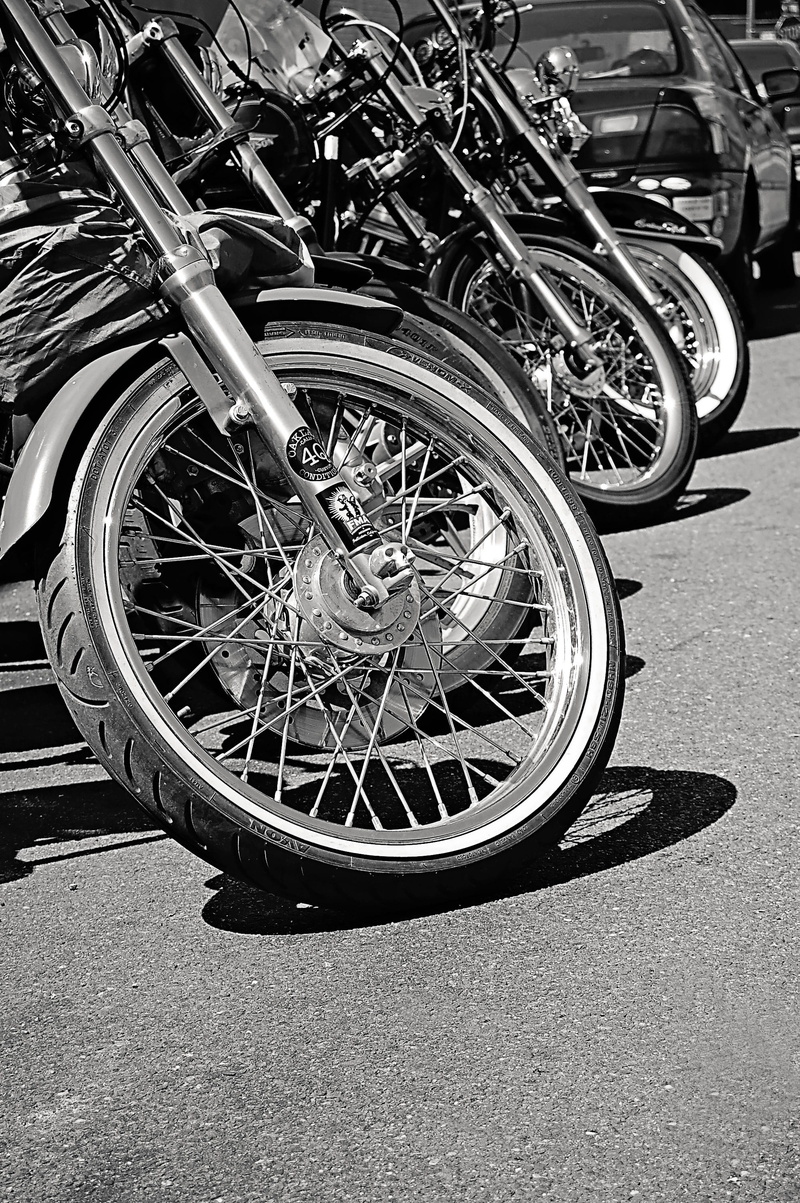 chrome, car, wheel, close-up, bicycle, no people, transportation system, outdoors, brake, mode of transportation, pavement, grayscale, motorcycles, 2K