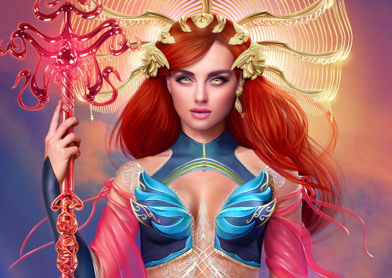 staff, girl, 5K, Lana Solaris, red, beauty, look