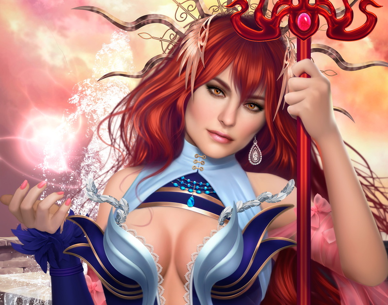 magic, staff, MAG, beauty, anime, Lana Solaris, girl, face, art, red, 2K