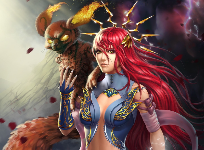 magic, 1080P, MAG, Lana Solaris, fantasy, fire, beast, look, red, girl