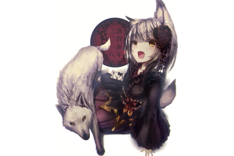 grey hair, anime girls, white background, yellow eyes, open mouth, wolf girls, looking at viewer, wolf, original characters, animals, 2K, anime