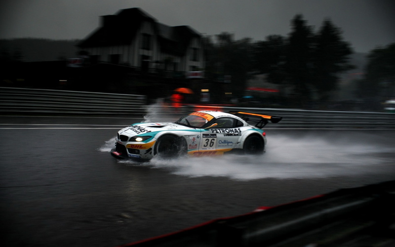 water, road, rain, sport, mode of transportation, motor vehicle, night, architecture, motion, transportation, land vehicle, sports race, BMW Z4 GT3, racecar