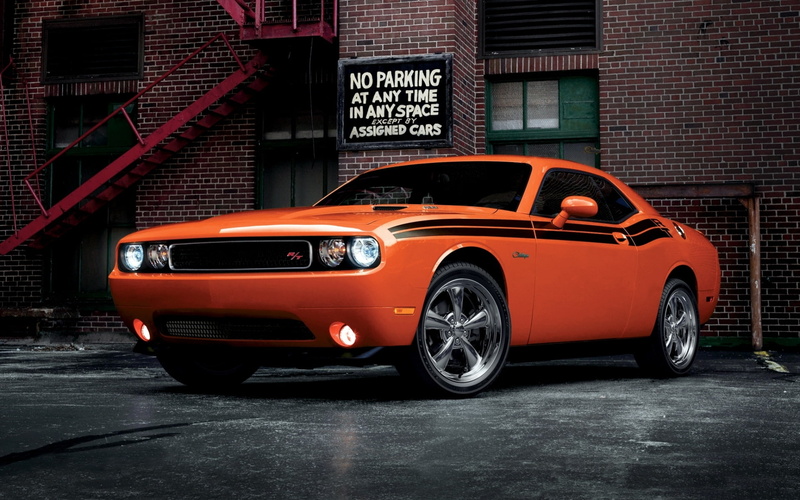 R/T, mode of transportation, land vehicle, coupe, city, Challenger, sports car, day, stationary, architecture, outdoors, no people, orange, red, Dodge