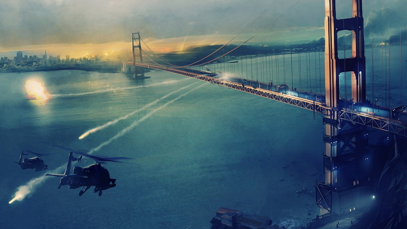 helicopters, san, 1080P, homefront, hd, video games, francisco, bridge, golden, missiles, gate