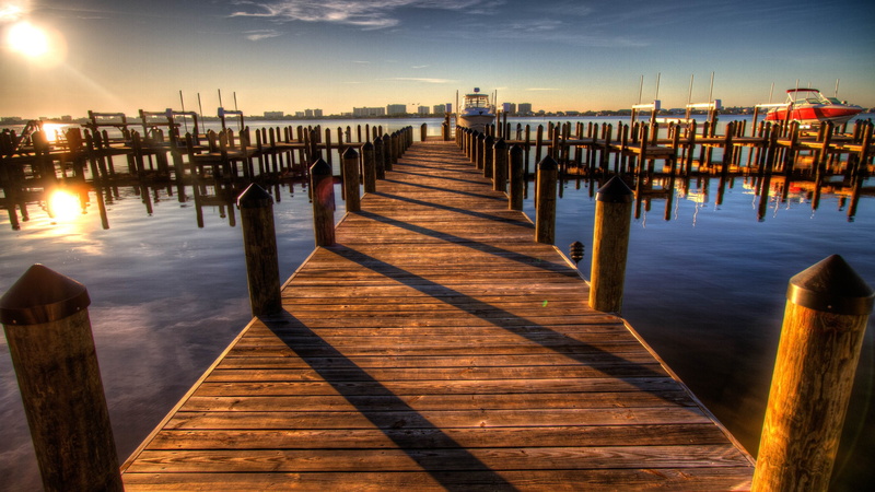 sky, bridge, brown, nature, wooden post, diminishing perspective, direction, scenics - nature, frame, wood - material, 4K, wooden, water, black, bed, wood paneling