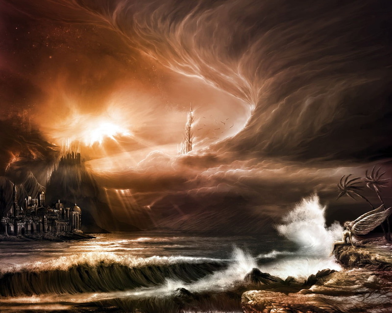 fantasy art, land, power, no people, environment, lightning, cliff, storm cloud, dramatic sky, nature, power in nature, outdoors, 720P, water, sky, scenics - nature