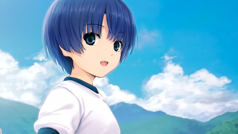 gym, open, 1080P, uniforms, natsu, kanna, close up, clouds, blue, skies, ano, mountains, short, anime, matteru, eyes, girls, mouth, t shirts, tanigawa