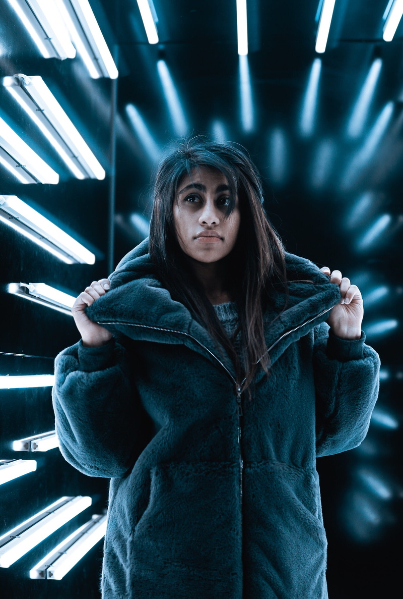 fashion, person, young women, hoodie, indoors, hair, hood, front view, contemplation, long hair, beijing, lighting, apparel, fleece, lighted, women, china