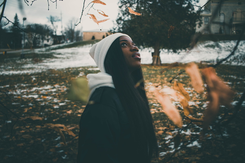 clothing, photo, outdoors, apparel, hood, land, 5K, portrait, cloak, profile view, photography, looking, focus on foreground, face, sweater, woman, day