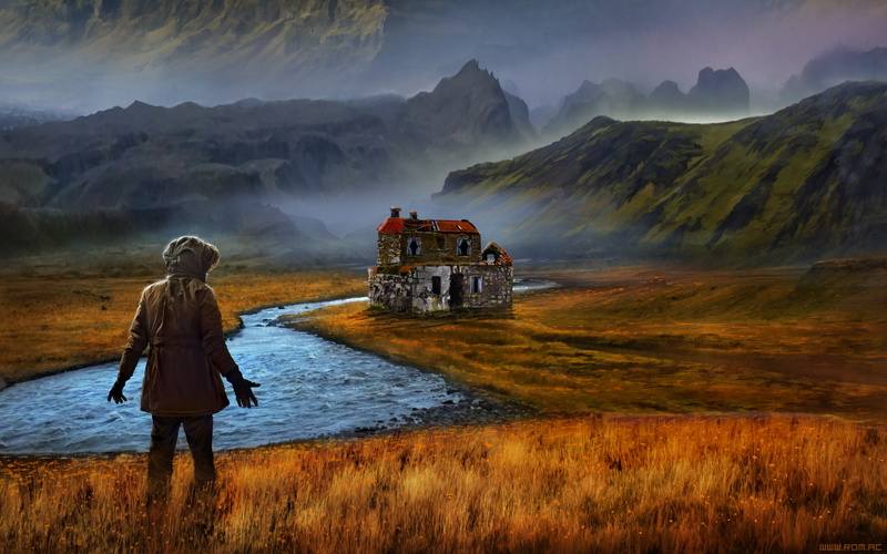 stream, mountains, mist, field, apocalyptic, landscape, house, nature, Romantically Apocalyptic, digital art, 1080P