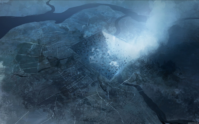 aerial, 1080P, aerial view, frozen, winter, rock - object, nature, cold temperature, no people, Romantically Apocalyptic , outdoors, digital, digital composite