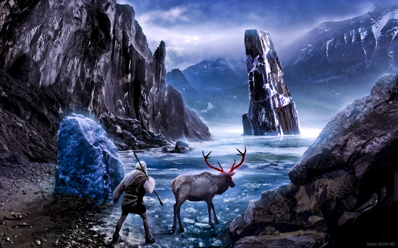 mountains, Romantically Apocalyptic, digital art, apocalyptic, rock, frost, deer, snow, nature, fantasy art, 1080P