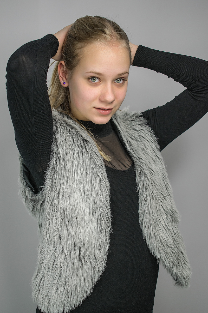 gray, standing, indoors, hair, fashion, girl, girls, hairstyle, clothing, teenager, eyes, looking at camera, warm clothing, waist up, fur coat, black, studio photo